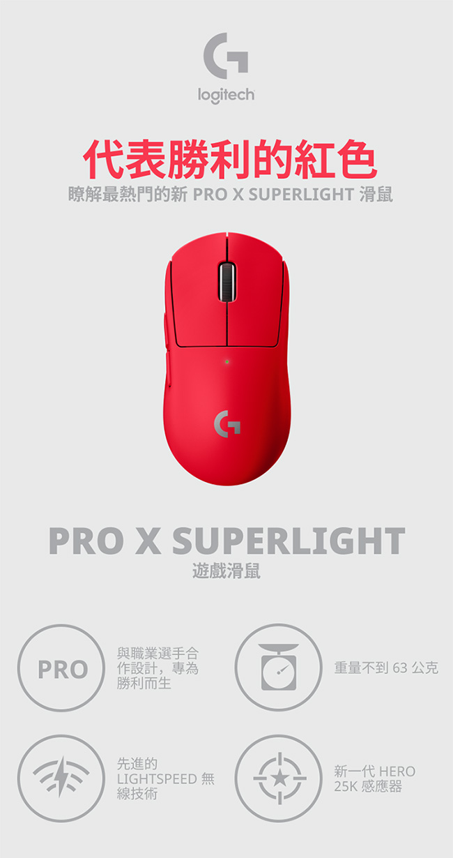 Logitech 羅技G PRO X Superlight無線輕量化電競滑紅-鍵盤滑鼠專館